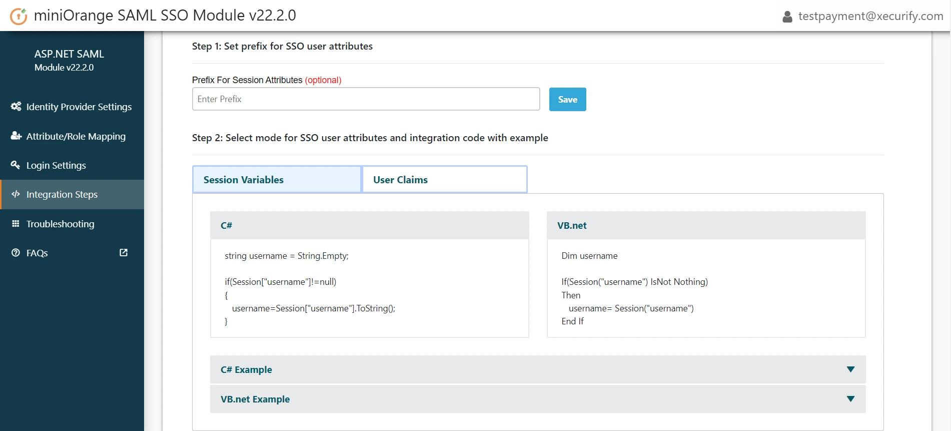 ASP.NET SAML Single Sign-On (SSO) - ASP.NET SAML SSO - SAML for ASP.NET - Image of Integration code Section