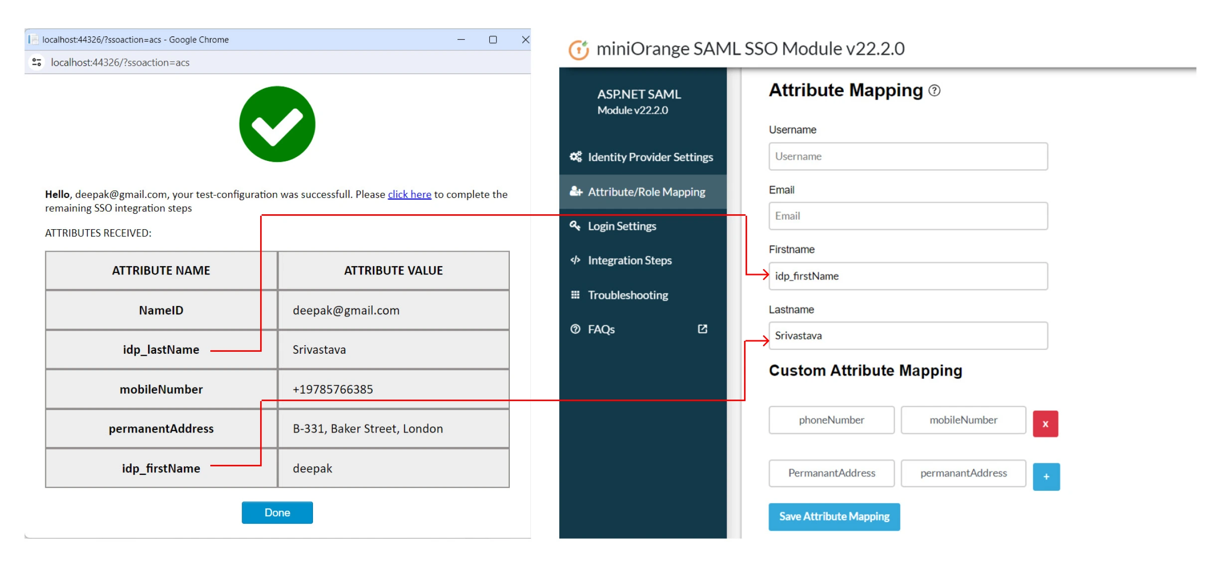 ASP.NET SAML Single Sign-On (SSO) - ASP.NET SAML SSO - SAML for ASP.NET - Image of Attribute Mapping section