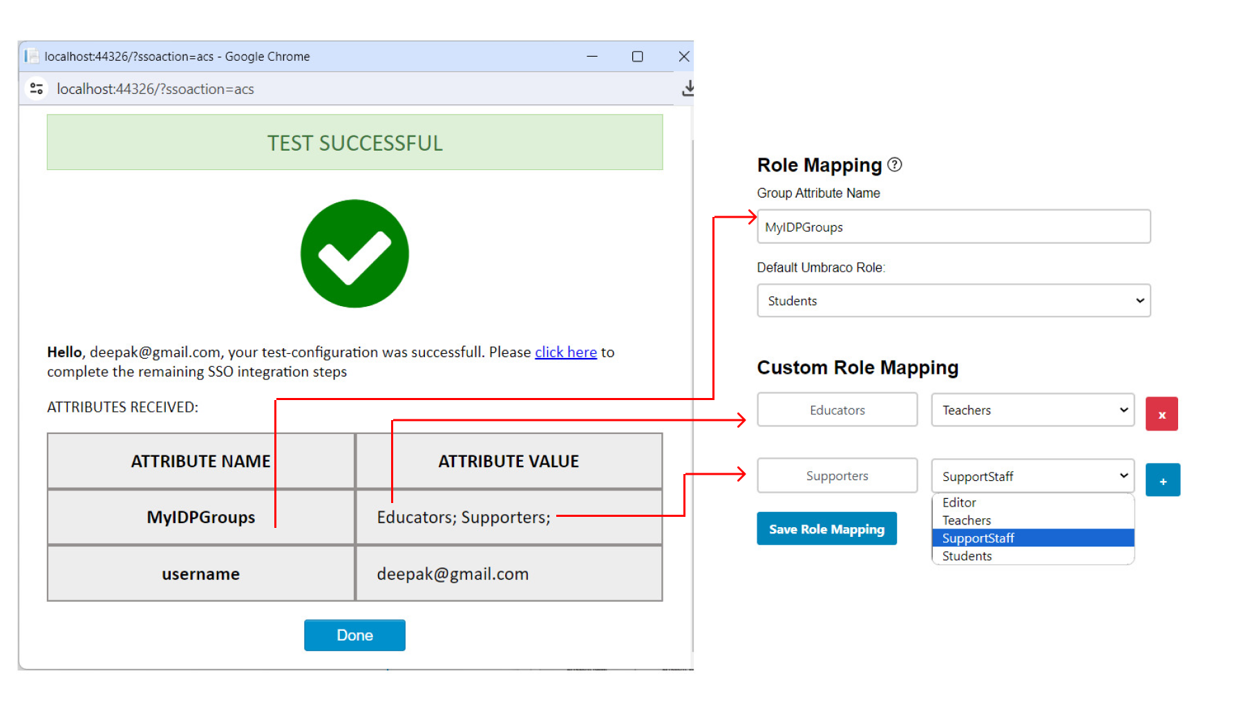 Umbraco SAML Single Sign-On (SSO) - Umbraco SAML SSO - SAML for Umbraco - Image of role mapping section