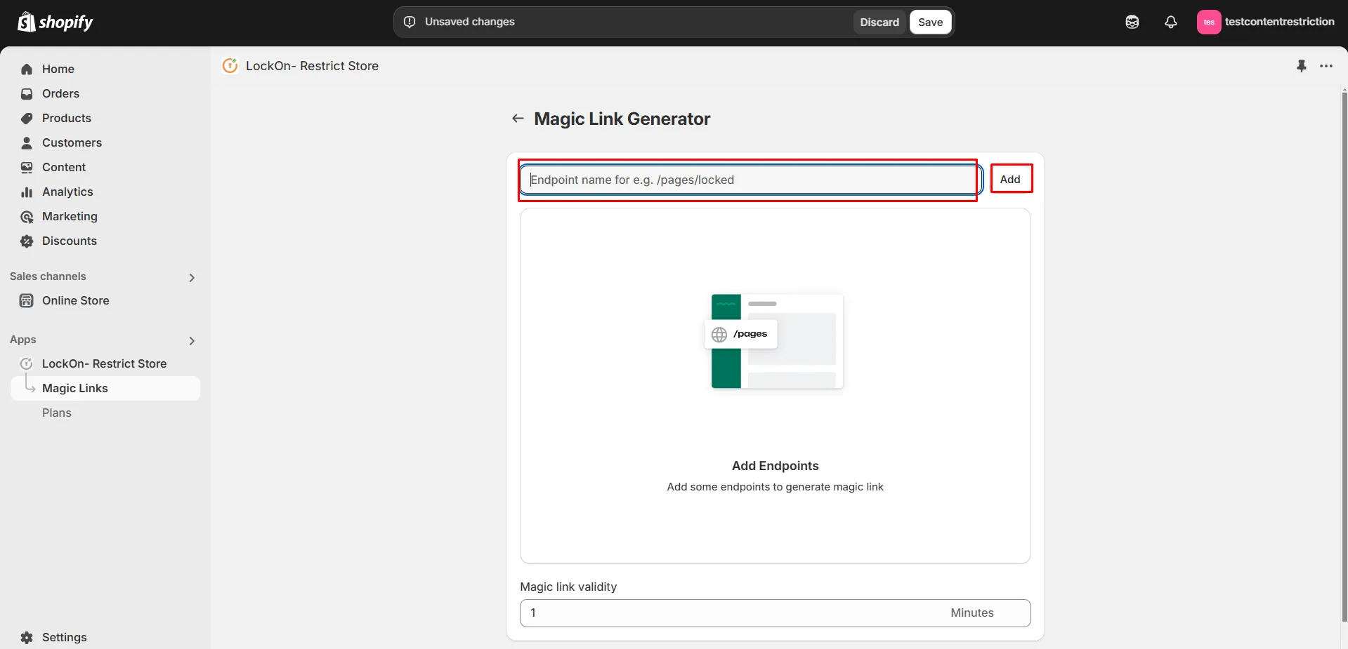 Shopify LockOn - Add page Link for magic
