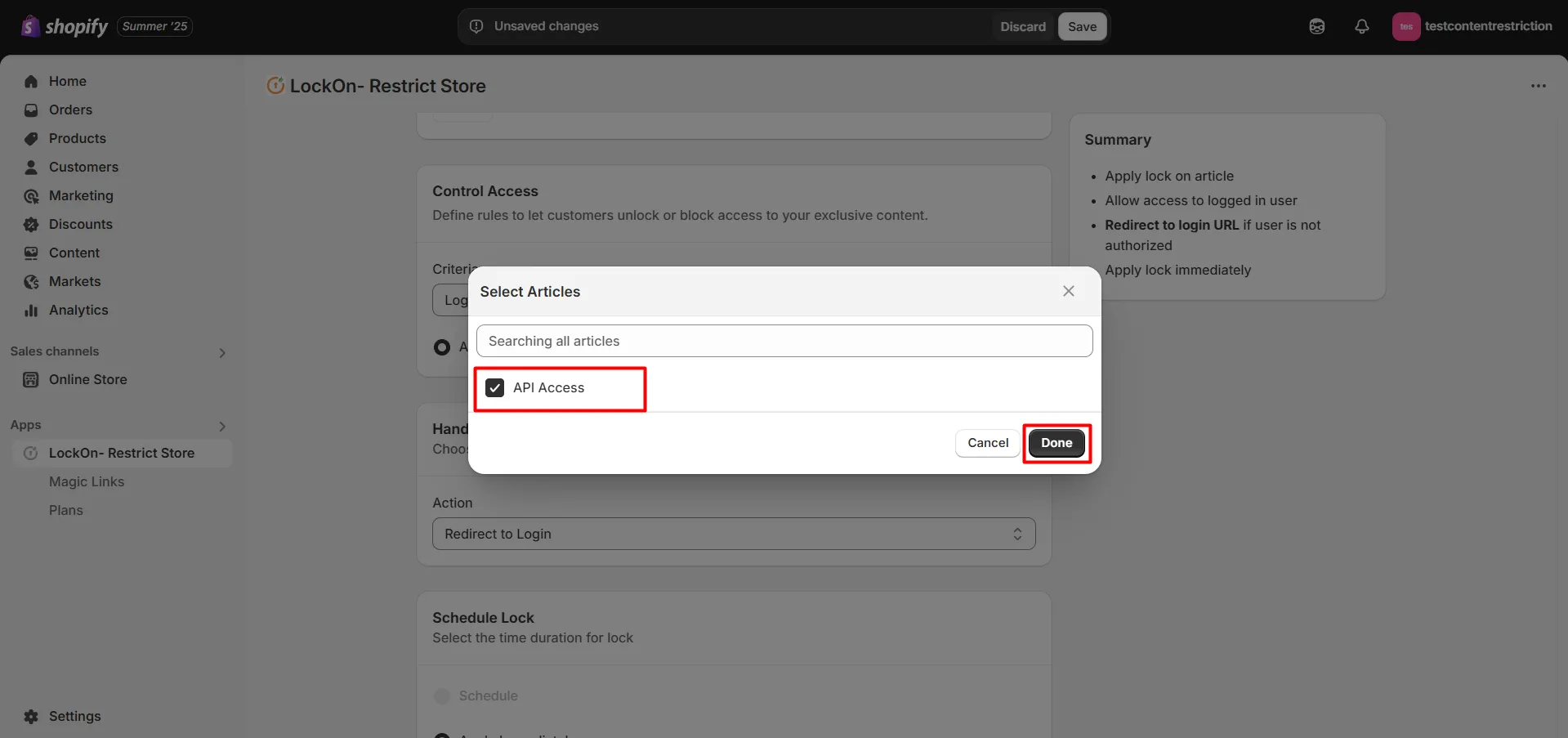 Choose the articles to apply lock