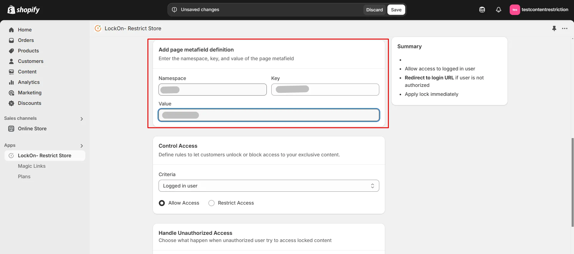 Choose pages metafields to lock