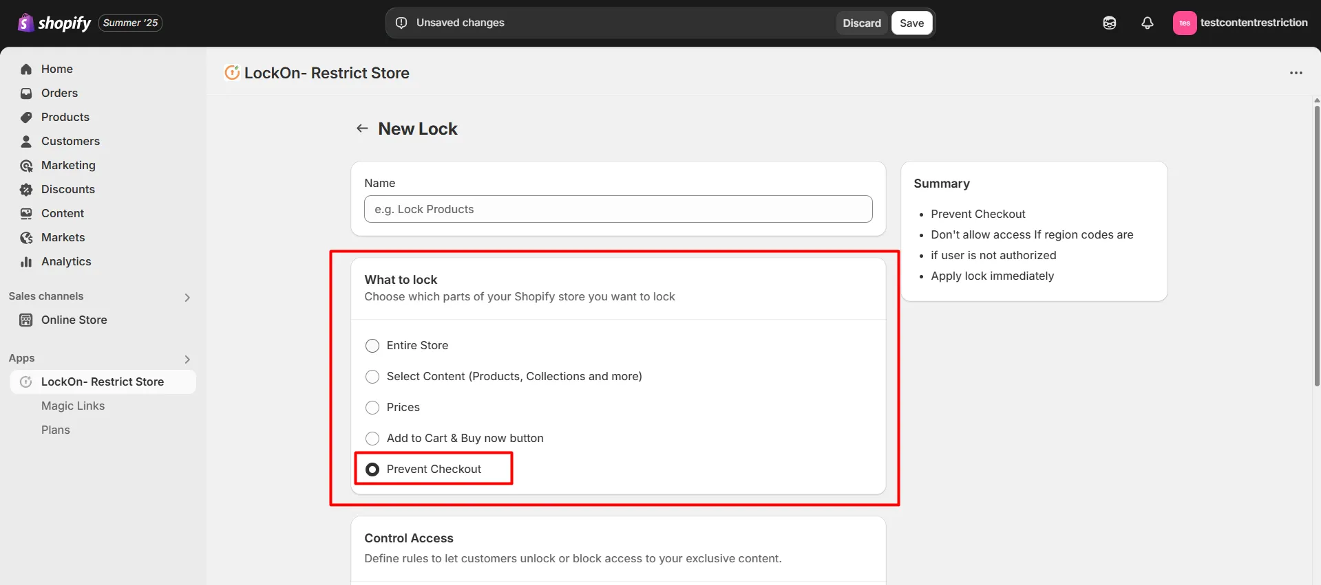 Shopify LockOn - Choose parts to lock