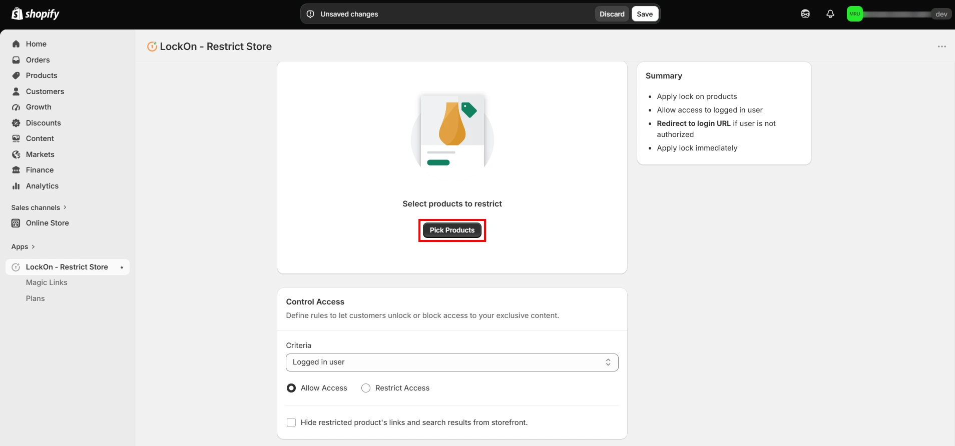Shopify LockOn - Choose product button