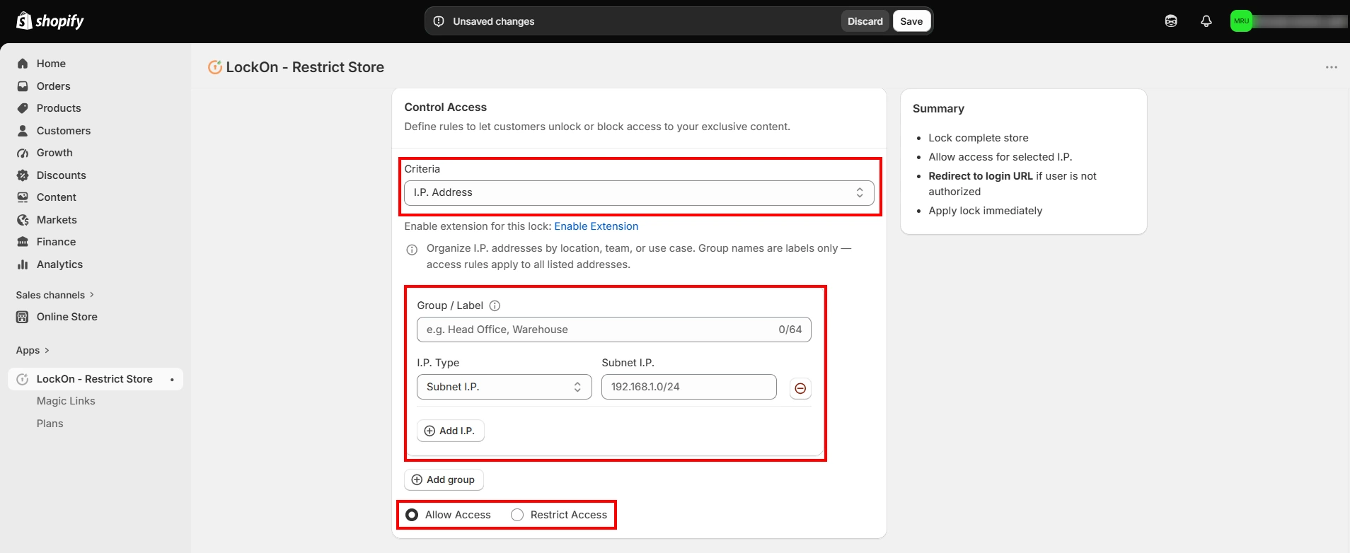 Shopify LockOn - IP Address Restriction criteria