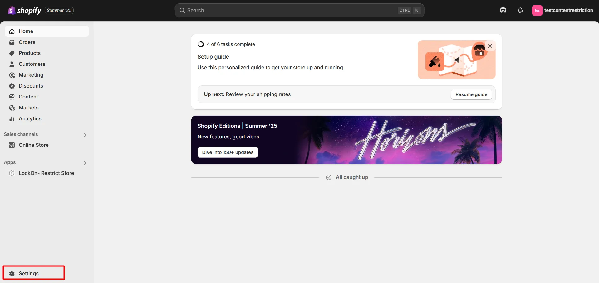 Shopify LockOn - Navigate to Settings.