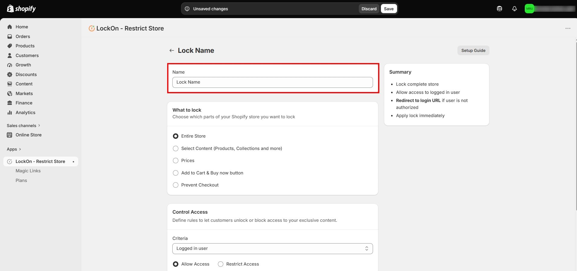 Shopify LockOn - Provide Lock name