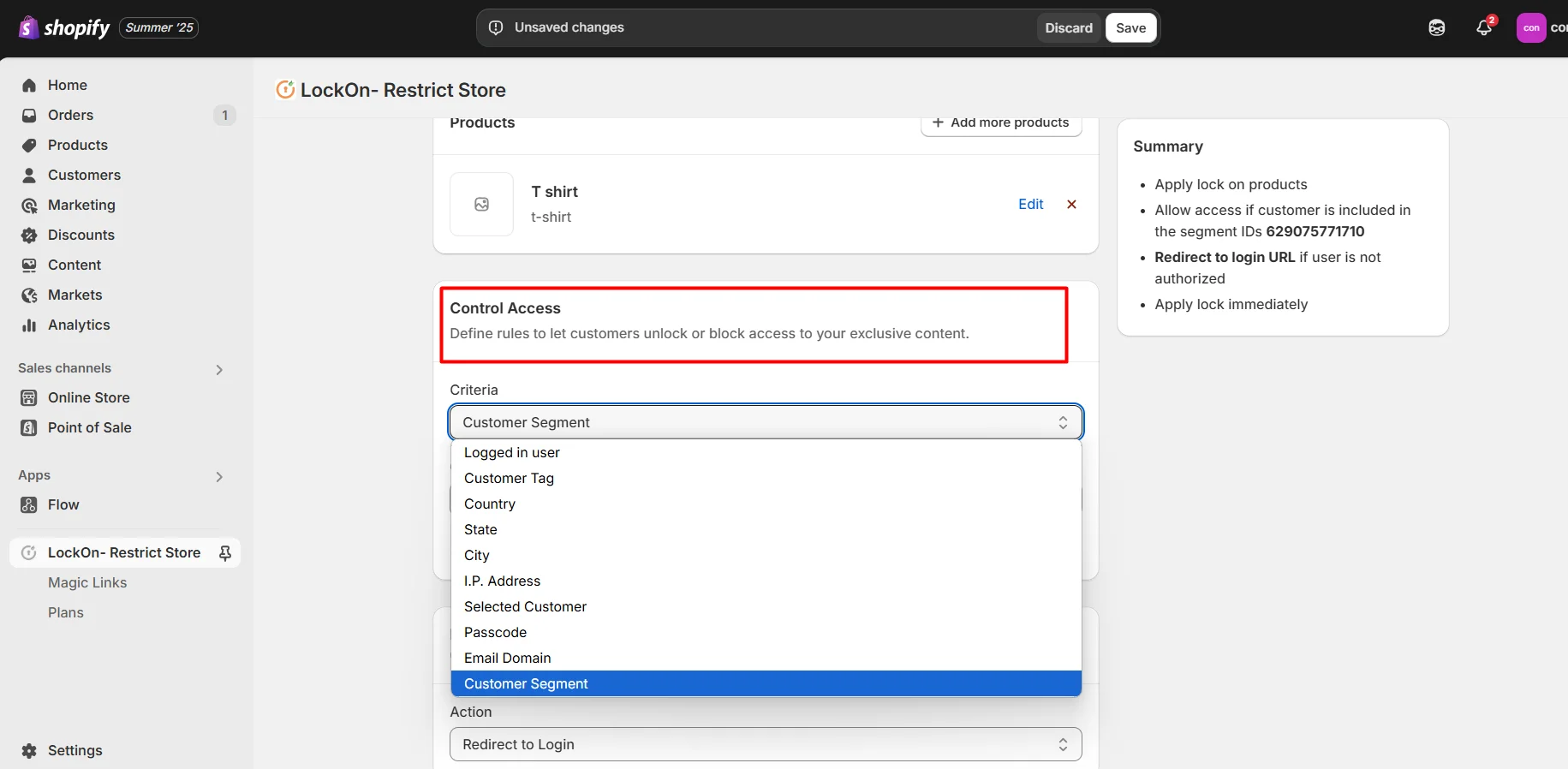 Shopify LockOn - select lock criteria