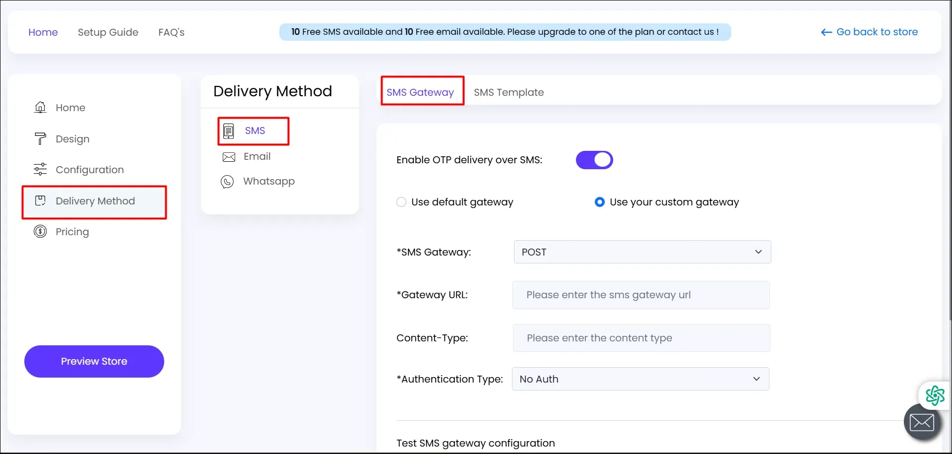Delivery method >> SMS >> SMS Gateway