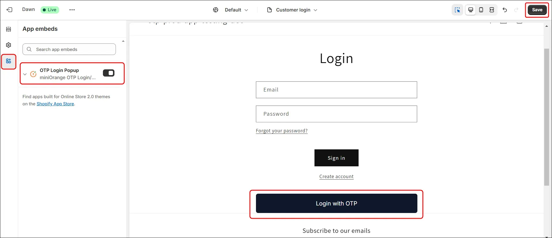 Login with OTP button enabled with extension