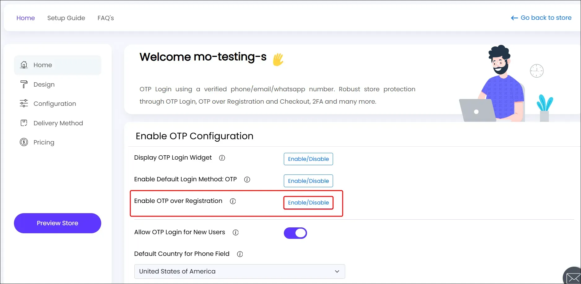 Enable OTP over Registration