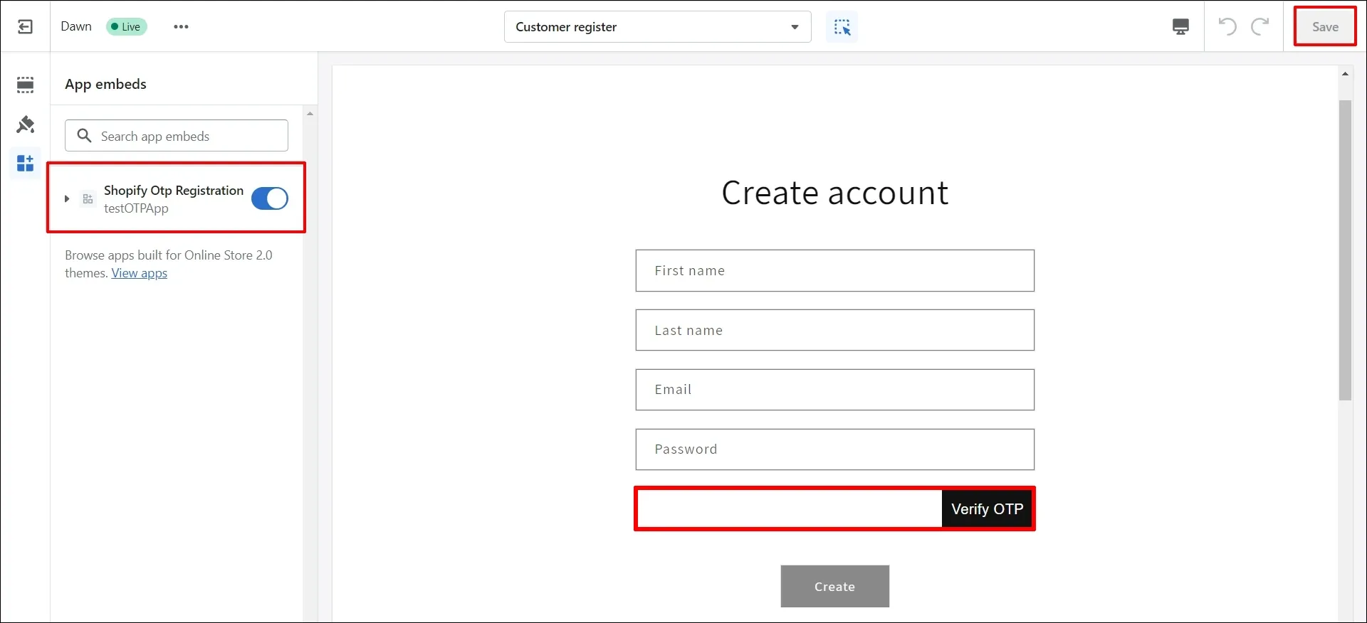 Enable the Shopify OTP registration option