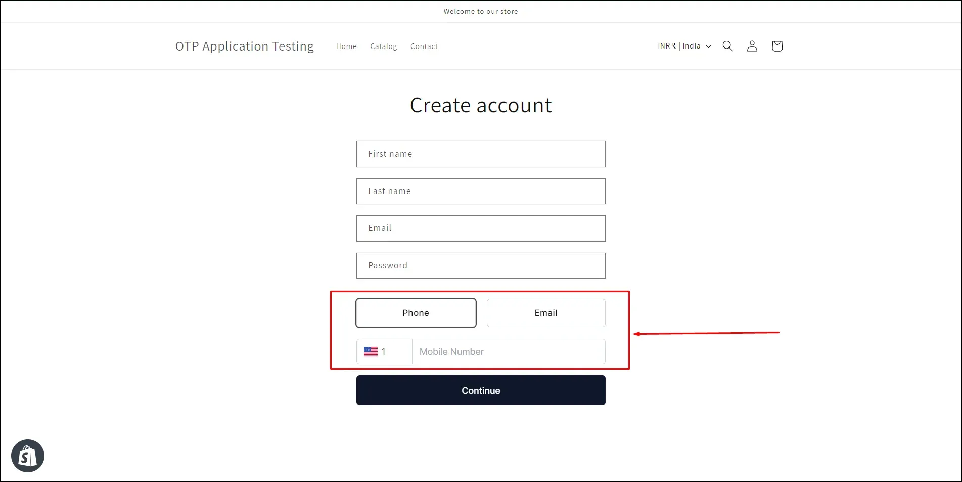 OTP Verification step on the account creation page