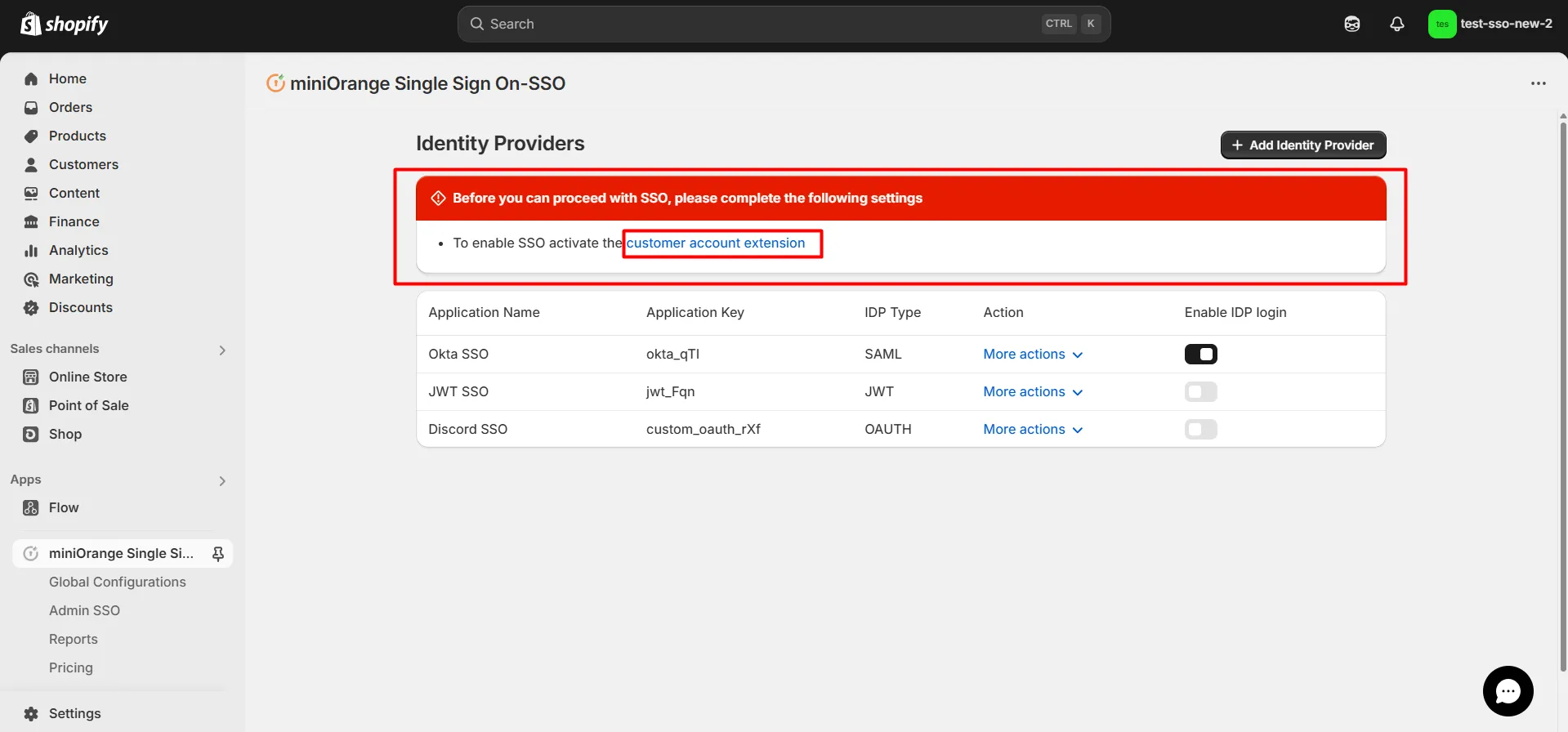 enable SSO for customer accounts extension