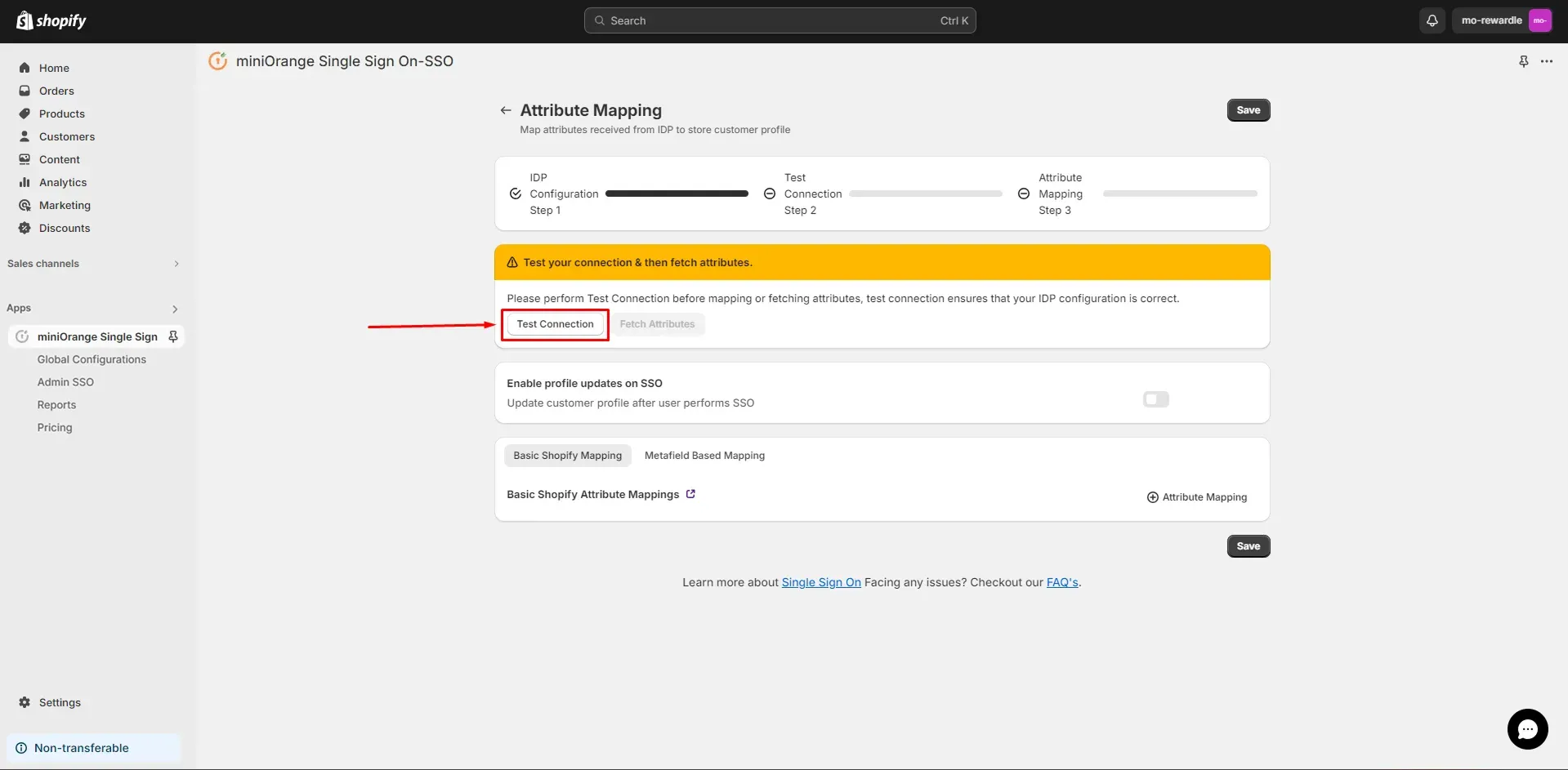 Shopify SSO test Connection