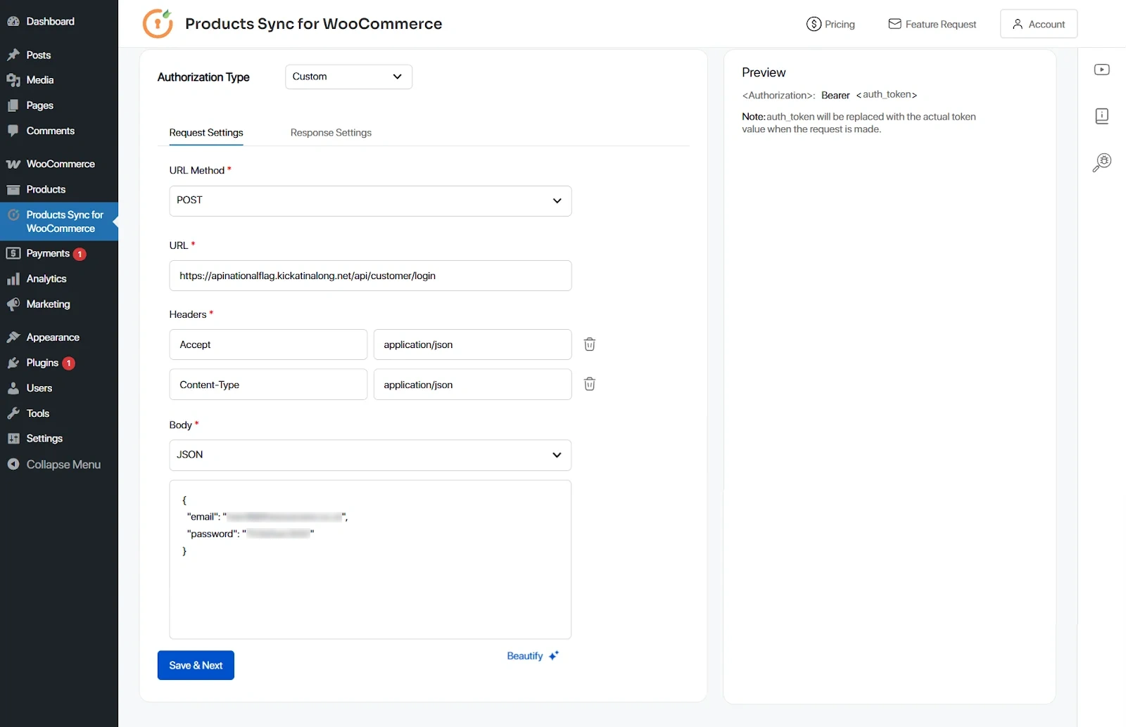 woocommerce sync authorization request settings