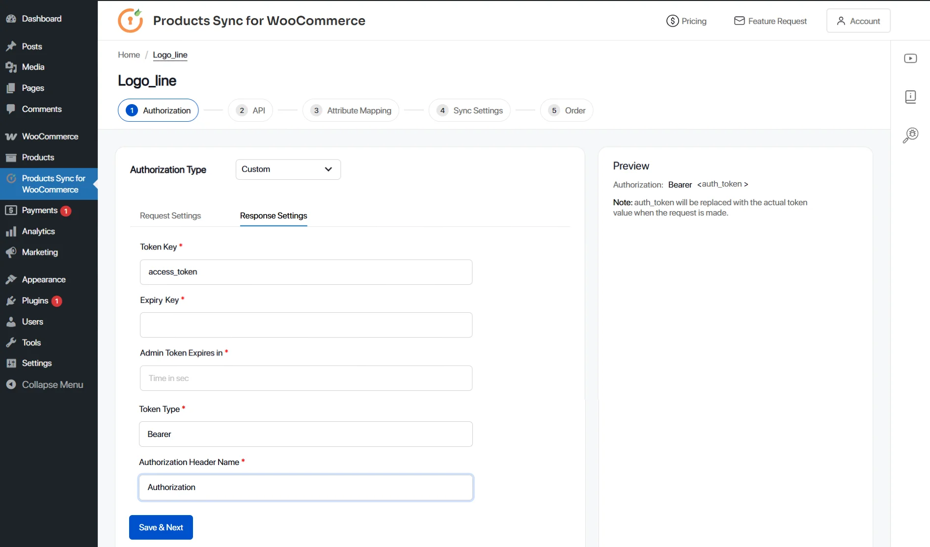 woocommerce sync authorization response settings
