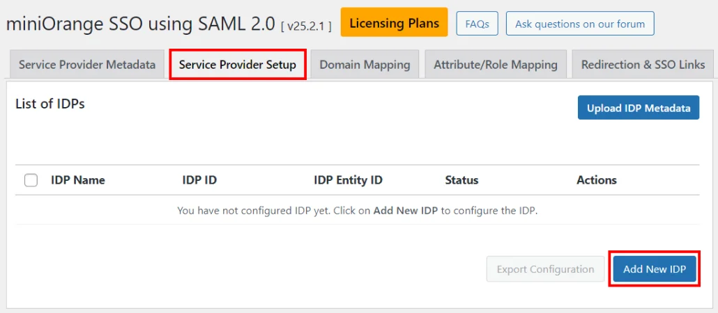 Service Provider Setup tab - Add New IDP - Developer Docs